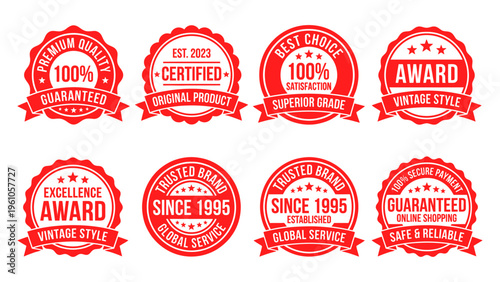 Set of red vintage quality badges and seals for product certification and e-commerce trust signals