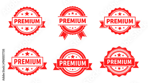Set of red premium quality badges and seals with ribbons and stars for marketing and product branding