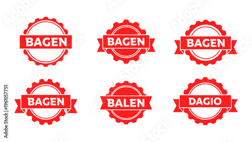 Set of red gear shaped badges with ribbons for industrial branding and quality certification labels