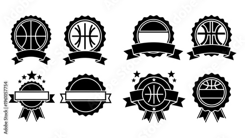 Basketball badge and emblem collection with ribbons and stars for sports tournament logo design