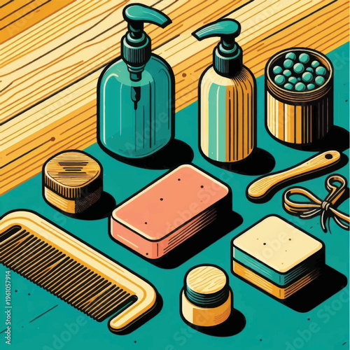 Personal Care Items on Green Surface.