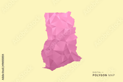 Ghana Map - Low poly polygon map design in soft pink pastel gradient on beige background, modern minimal geometric style, clean digital vector illustration.