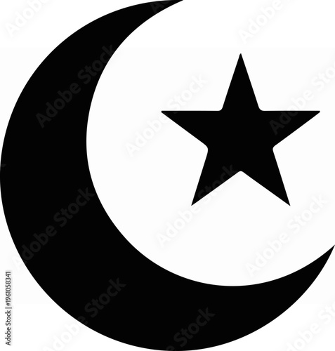 Black crescent moon and star symbol representing Islam religion.