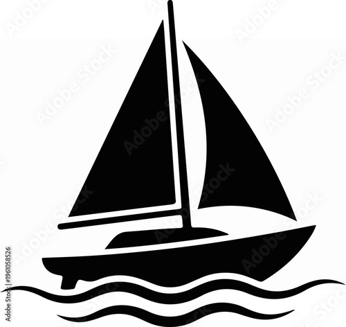 Black silhouette of a sailboat sailing on the water, isolated.