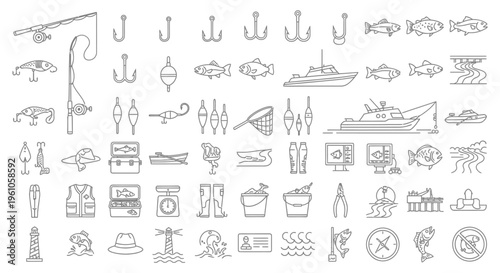 Fishing icons set with boats and tackle line art style