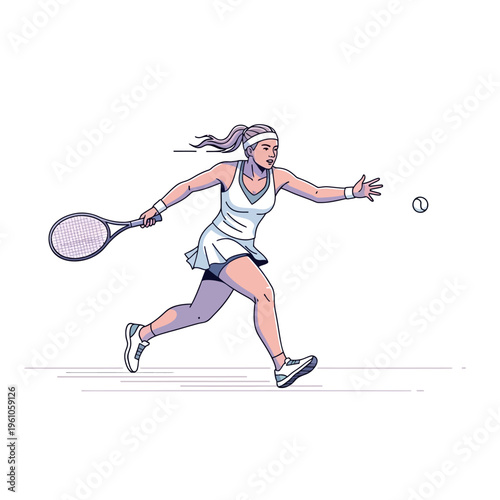 Young woman playing tennis, reaching for ball with racket, dynamic action shot, white background