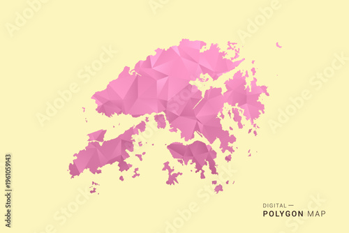 Hong Kong Map - Low poly polygon map design in soft pink pastel gradient on beige background, modern minimal geometric style, clean digital vector illustration.