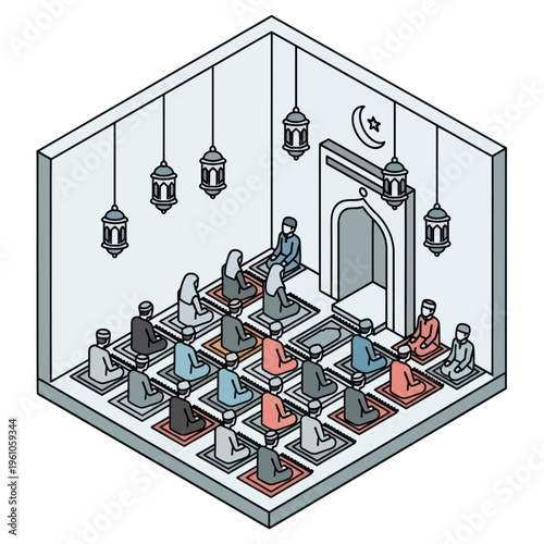 Muslims Praying in Mosque Isometric Illustration.