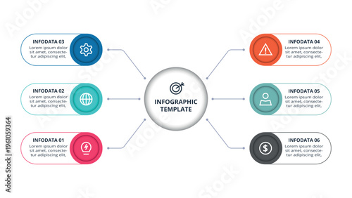 Essential infographic with 6 steps, options, parts or processes. Business data visualization.