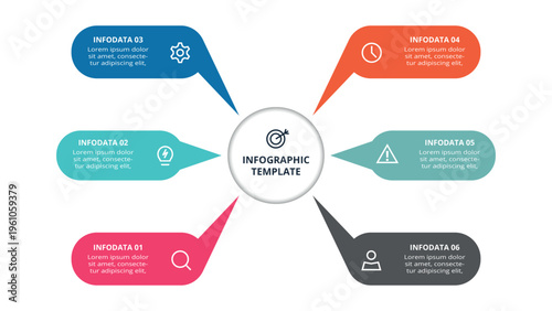 Essential infographic with 6 steps, options, parts or processes. Business data visualization.
