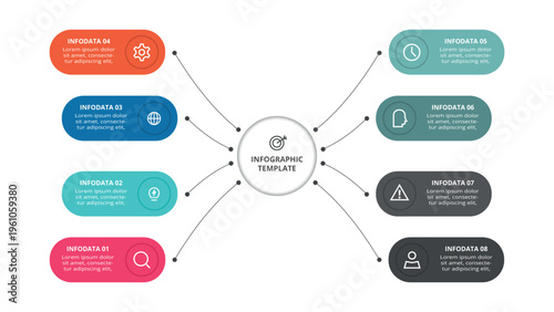 Essential infographic with 8 steps, options, parts or processes. Business data visualization.