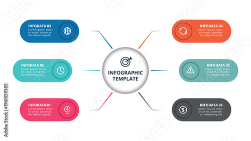 Essential infographic with 6 steps, options, parts or processes. Business data visualization.