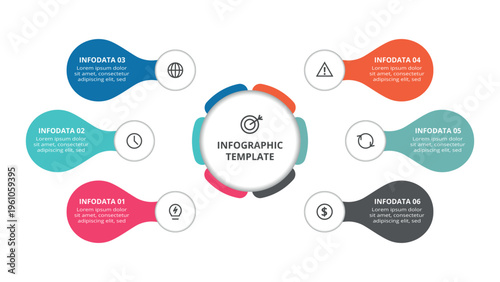 Essential infographic with 6 steps, options, parts or processes. Business data visualization.