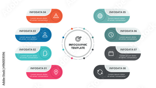 Essential infographic with 8 steps, options, parts or processes. Business data visualization.