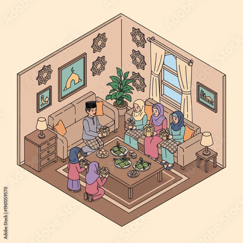 Family Gathering in Living Room Scene.