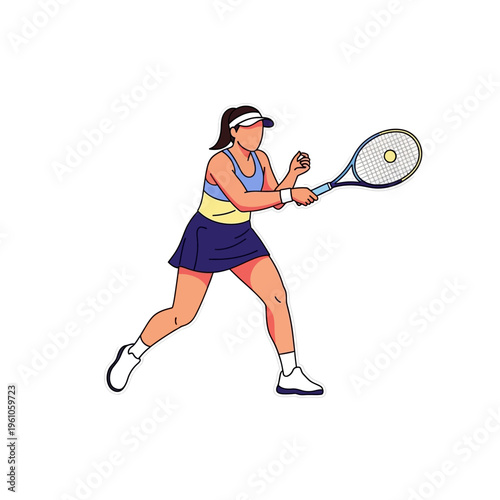 Female Tennis Player Swinging Racquet in Action, Athletic Sport Illustration