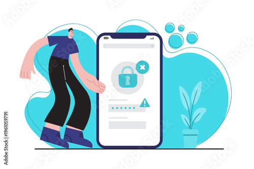 Flat illustration of a smartphone displaying a lock icon, password input, and warning symbol. Concept of cybersecurity, login error, data protection and account security issues.