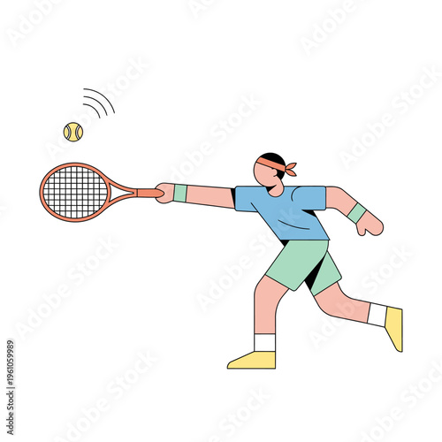 Tennis Player Swinging Racket at Ball, Action Sport Illustration