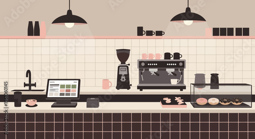 Modern Coffee Shop Interior with Espresso Machine and Bakery Display Flat Vector Illustration