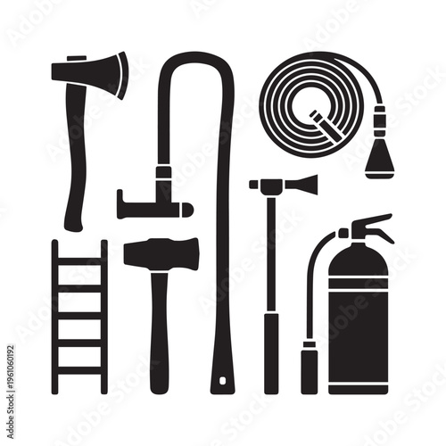Set of firefighter equipment symbols isolated on white. Emergency rescue symbol collection 
