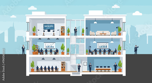 Tableau sur toile Flat Vector Cross-Section Illustration of a Modern Multi-Story Office Building s