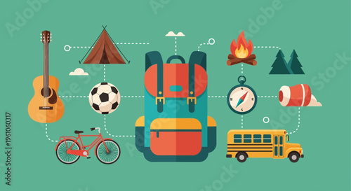 Summer Camp and Outdoor Adventure Concept Illustration with Backpack, Tent, Campfire, Bicycle, and Travel Gear Icons