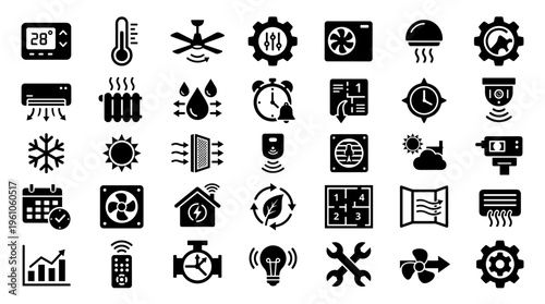Collection of HVAC and smart home icons representing climate control, energy efficiency, and modern technology for comfort and automation