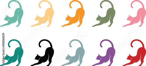 Colorful Cat Silhouettes Stretching Yoga Poses White Background, Elegant Cat Silhouette Set Relaxing Pose Collection