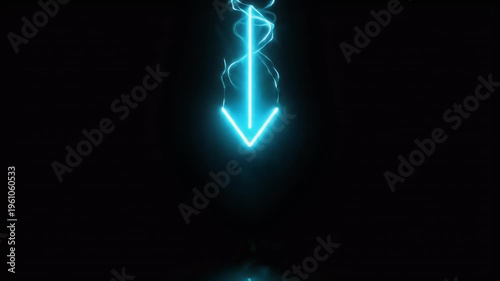 Neon arrow pointing up with wavy light streaks on black background