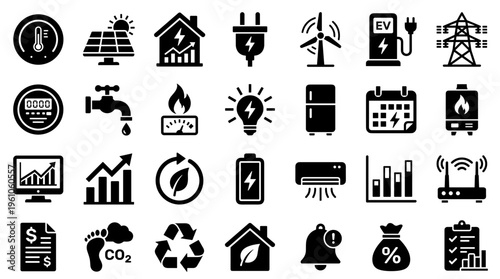 Collection of icons representing energy efficiency sustainability renewable resources and smart home technology for eco-friendly living and environmental conservation
