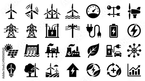 Collection of clean energy icons representing renewable power sources like wind solar hydro and electric vehicles alongside industry and technology symbols