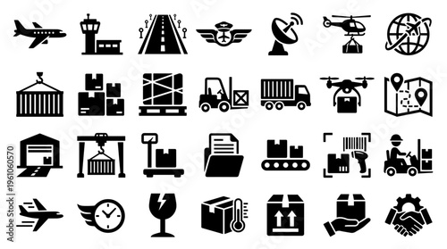 Logistics and delivery icons set representing global shipping transportation and supply chain management with cargo and freight services