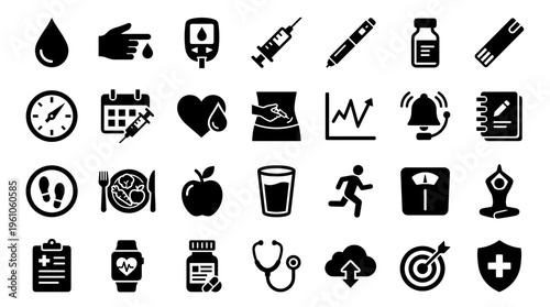 Diabetes health care icons set for medical monitoring and healthy lifestyle management