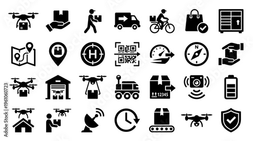 Modern logistics and delivery icons set including drones, trucks, packages, maps, and tracking systems for efficient supply chain management and e-commerce