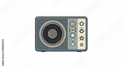 Retro speaker with knobs, dials, and a circular grille, isolated on white