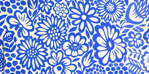 A vibrant blue and white floral pattern covers the entire frame