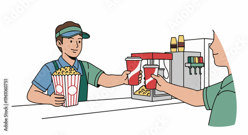 Popcorn vendor hands out treats and drinks at a concession stand