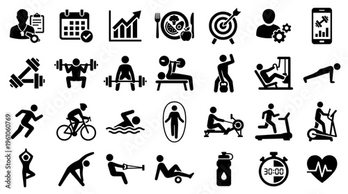 Collection of fitness and healthy lifestyle icons representing exercise nutrition and wellness activities for a balanced life