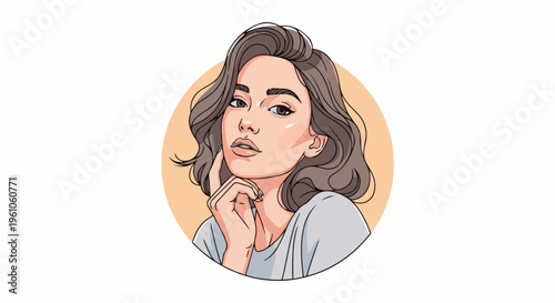 Portrait of a young woman with brown wavy hair in a circular frame