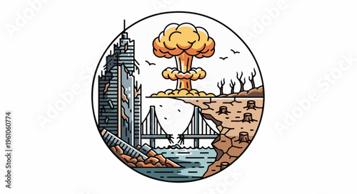 Post-apocalyptic scene with destroyed city, bridge, and barren landscape