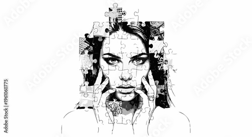Portrait of a woman in puzzle pieces, intense gaze, hands framing face
