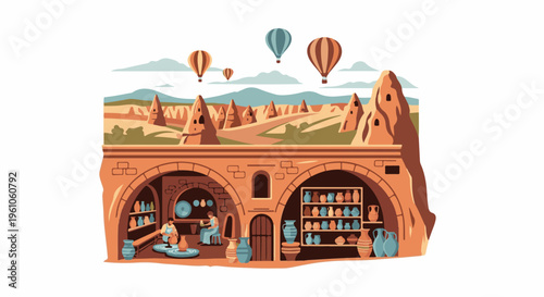 Pottery studio in Cappadocia with hot air balloons overhead