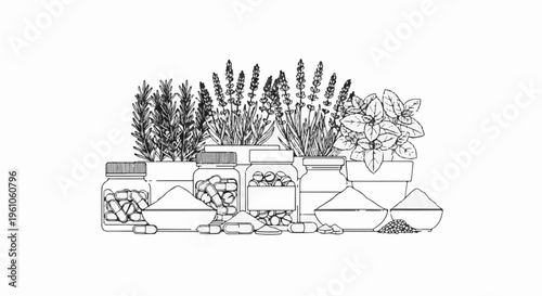 Potted herbs and plants with jars of pills and powders