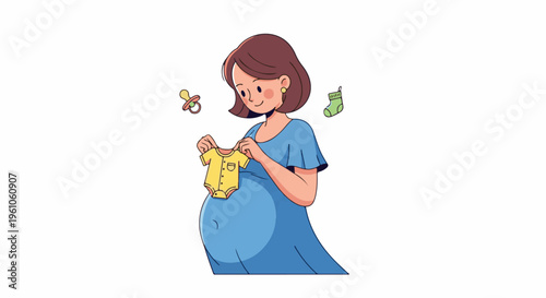 Pregnant woman with baby clothes, pacifier, and sock