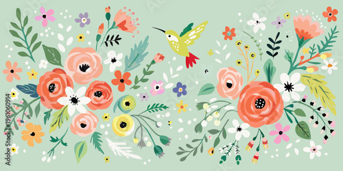 A vibrant illustration featuring a hummingbird amongst colorful floral arrangements