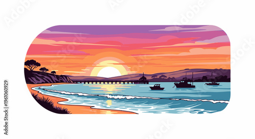 Pixelated coastal sunset with a pier, boats, and gentle waves on the shore