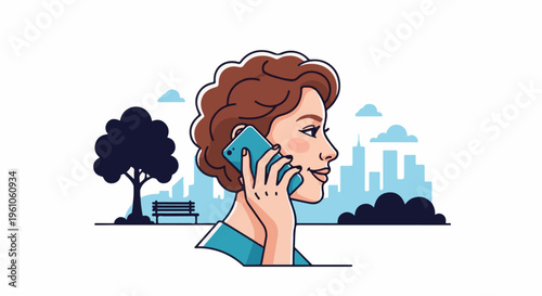 Profile of a woman talking on a mobile phone in a city park