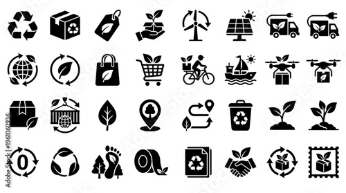 Collection of eco friendly icons representing sustainability recycling green energy and environmental protection concepts