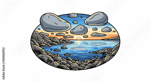 Pixelated coastal sunrise with sun reflecting on water and rocks