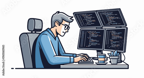 Programmer with multiple monitors, desk, coffee cup, and plant